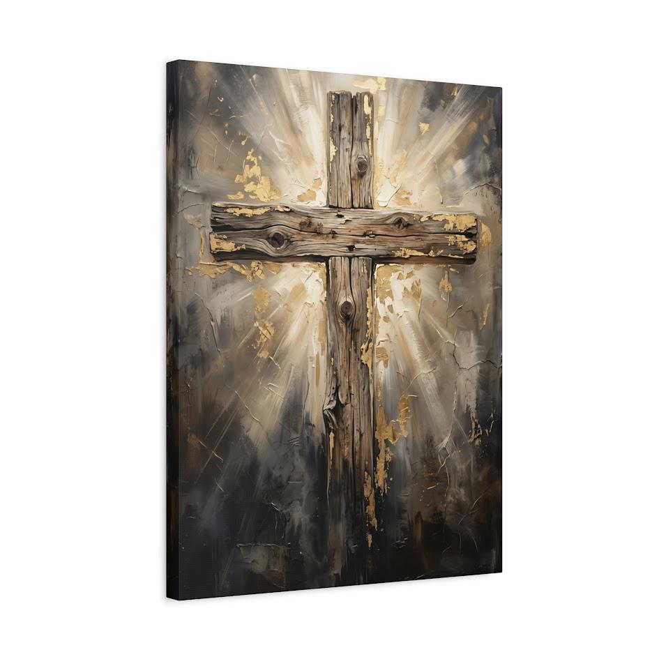 Rustic Wooden Cross Canvas Wall Art, Glowing Gold Leaf Christian Print for Farmhouse or Prayer Room — Canvas wall art