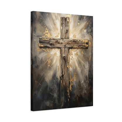 Rustic Wooden Cross Canvas Wall Art, Glowing Gold Leaf Christian Print for Farmhouse or Prayer Room — Canvas wall art