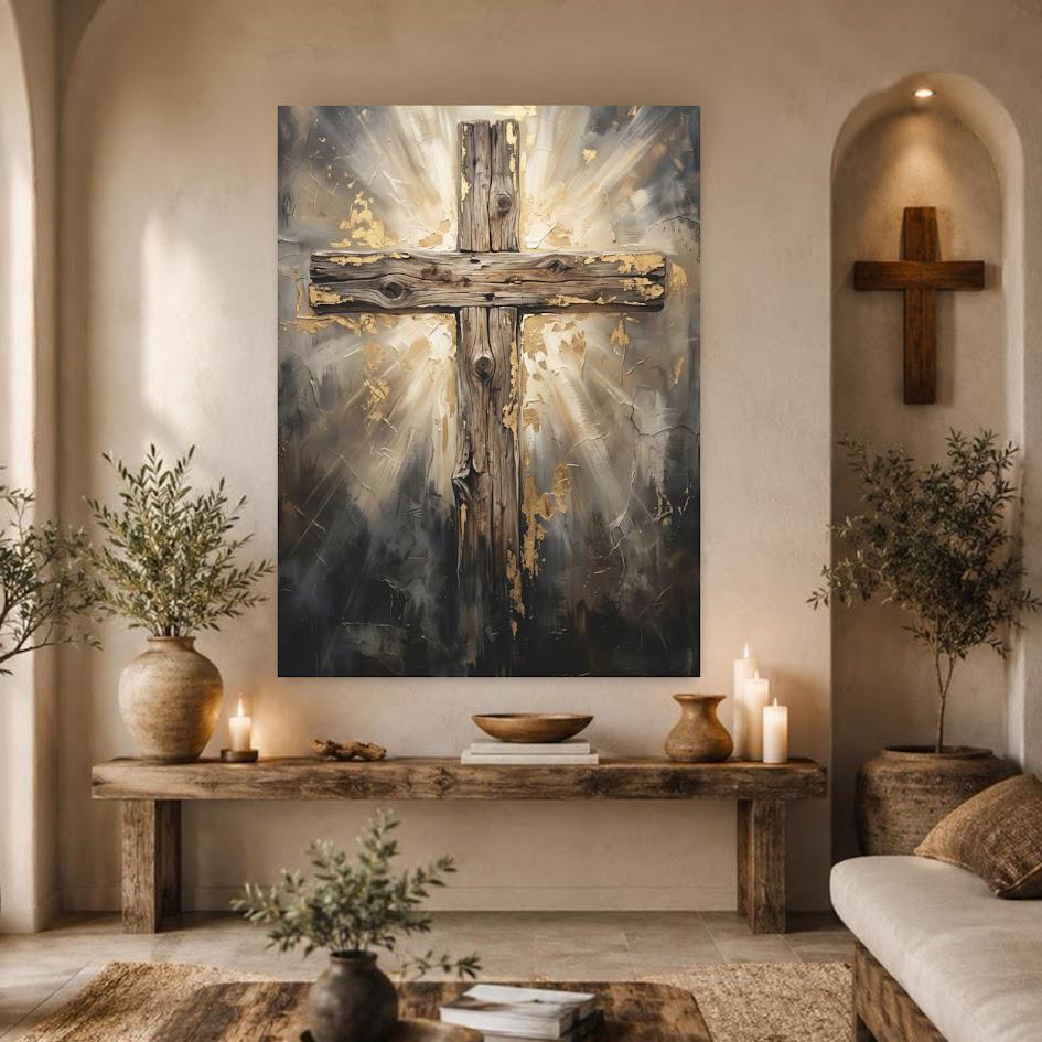 Rustic Wooden Cross Canvas Wall Art, Glowing Gold Leaf Christian Print for Farmhouse or Prayer Room — Framed Print wall art