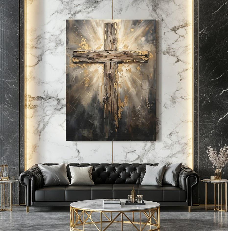 Rustic Wooden Cross Canvas Wall Art, Glowing Gold Leaf Christian Print for Farmhouse or Prayer Room — Framed Print wall art