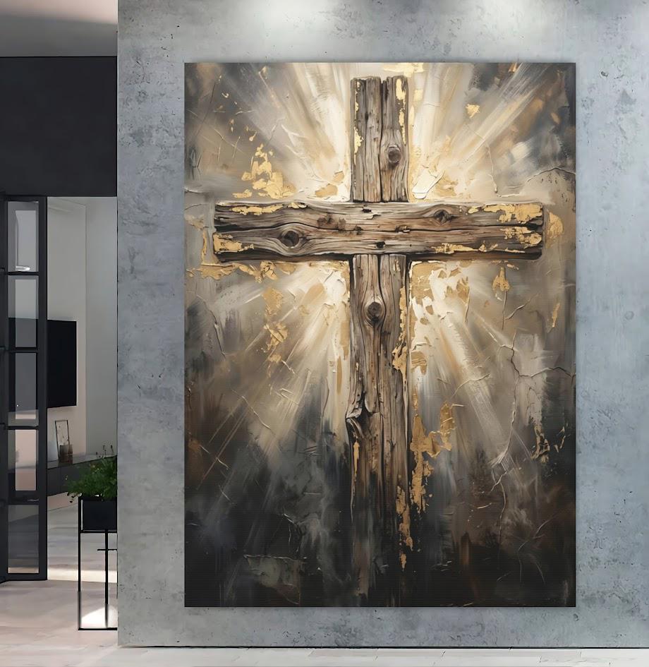 Rustic Wooden Cross Canvas Wall Art, Glowing Gold Leaf Christian Print for Farmhouse or Prayer Room — Framed Print wall art