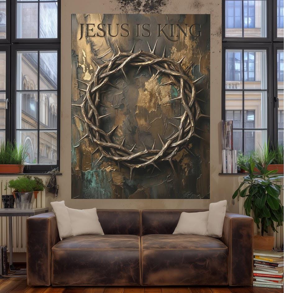 Jesus Is King Canvas Wall Art, Crown of Thorns Christian Print for Pastor Office or Church Decor — Framed Print wall art