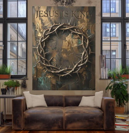 Jesus Is King Canvas Wall Art, Crown of Thorns Christian Print for Pastor Office or Church Decor — Framed Print wall art