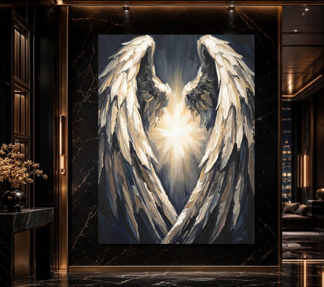 Angel Wings Canvas Wall Art, Dark Moody Abstract Spiritual Print for Modern Bedroom or Prayer Room Decor — Poster wall art
