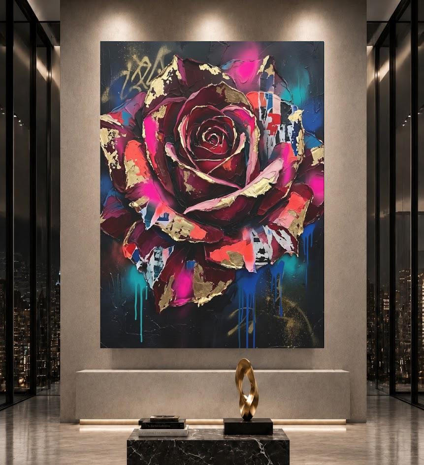 Dark Moody Floral Canvas Wall Art, Abstract Street Art Rose Print for Eclectic Bedroom or Lounge — Poster wall art
