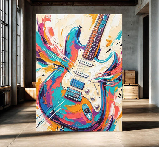 Electric Guitar Canvas Wall Art, Colorful Abstract Music Print for Home Studio or Eclectic Decor — Poster wall art