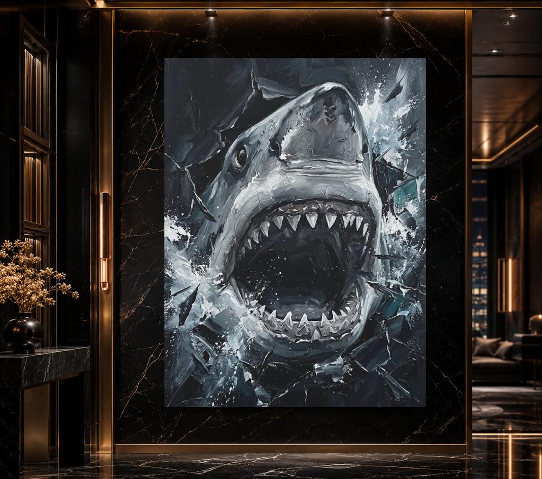 Great White Shark Canvas Wall Art, Aggressive Ocean Predator Print for Executive Office or Man Cave — Poster wall art