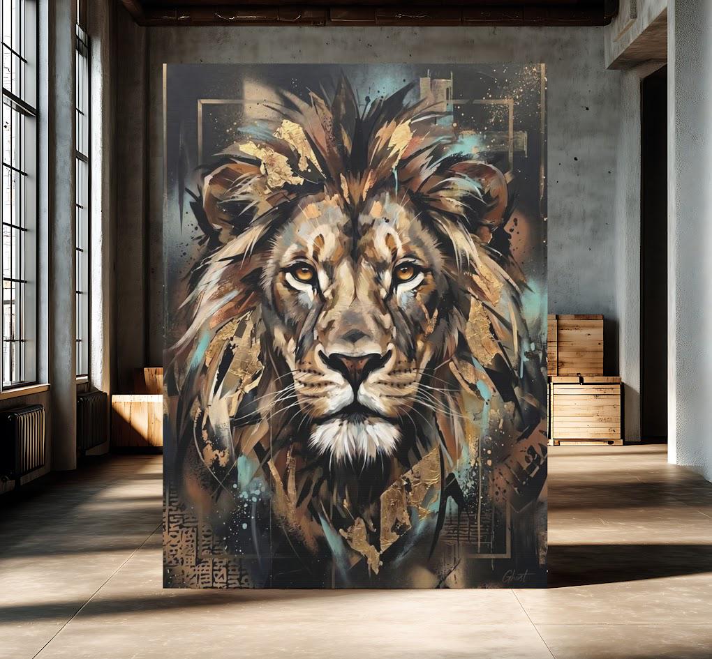 Lion Canvas Wall Art, Abstract Gold Leaf Predator Print for Executive Office or Man Cave — Poster wall art