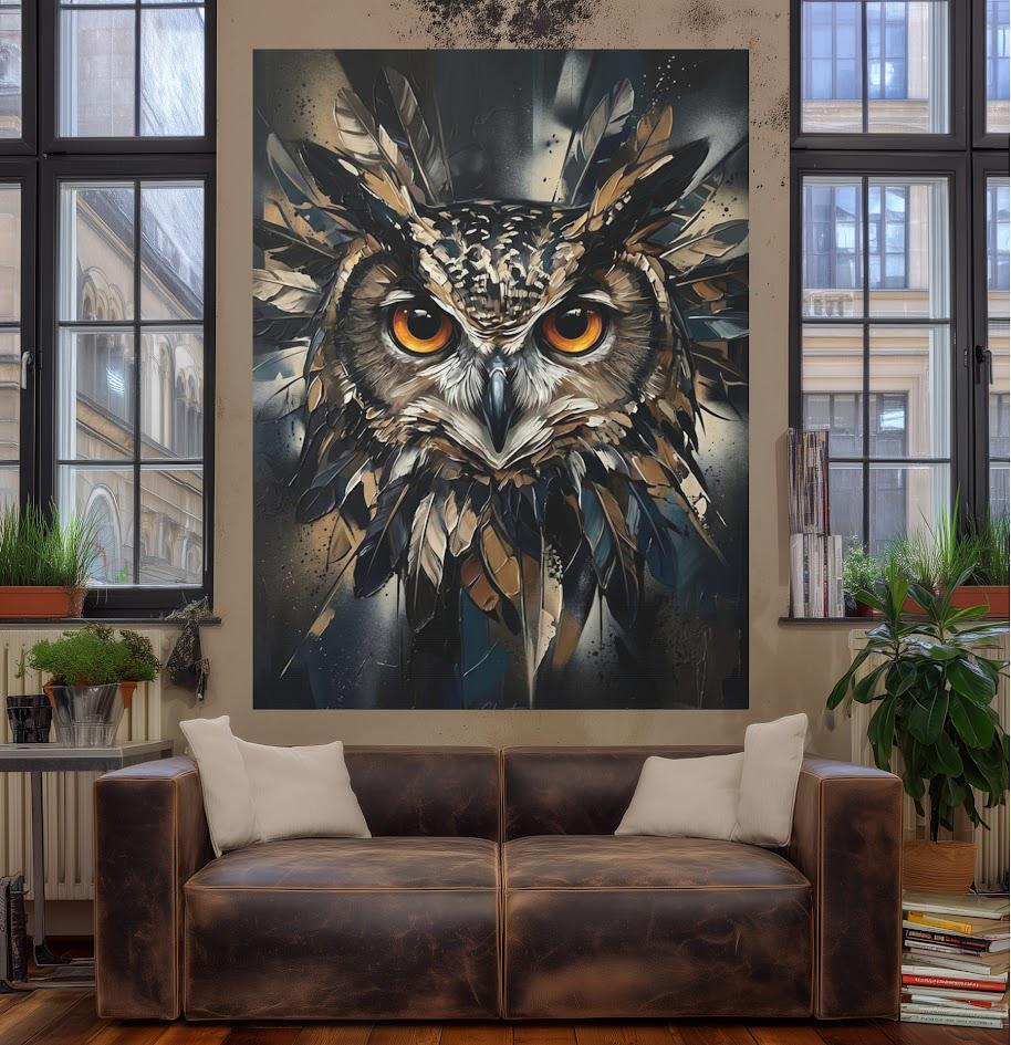 Dark Moody Owl Canvas Wall Art, Abstract Night Bird Print for Dark Academia Decor or Executive Office — Poster wall art