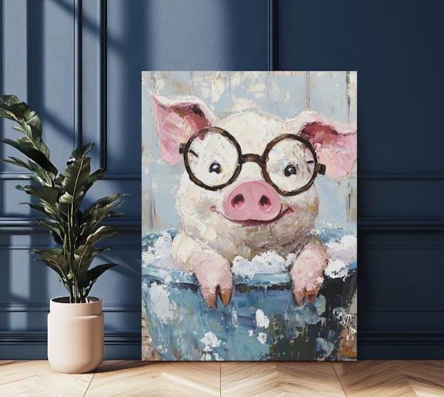 Pig in Bathtub Art | Farmhouse Animal Canvas or Poster — Framed Print wall art