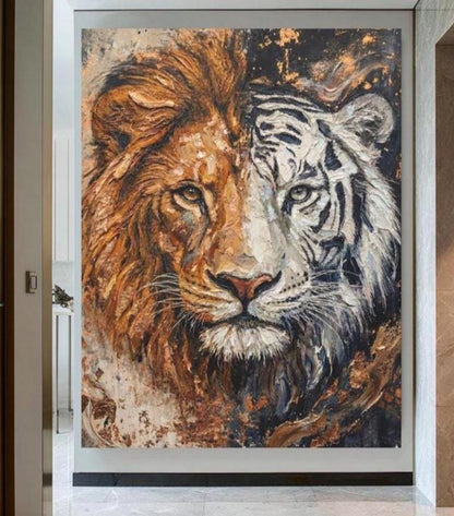 Lion and Tiger Split Face Canvas Art, Modern Wildlife Print, Big Cat Painting — Poster wall art