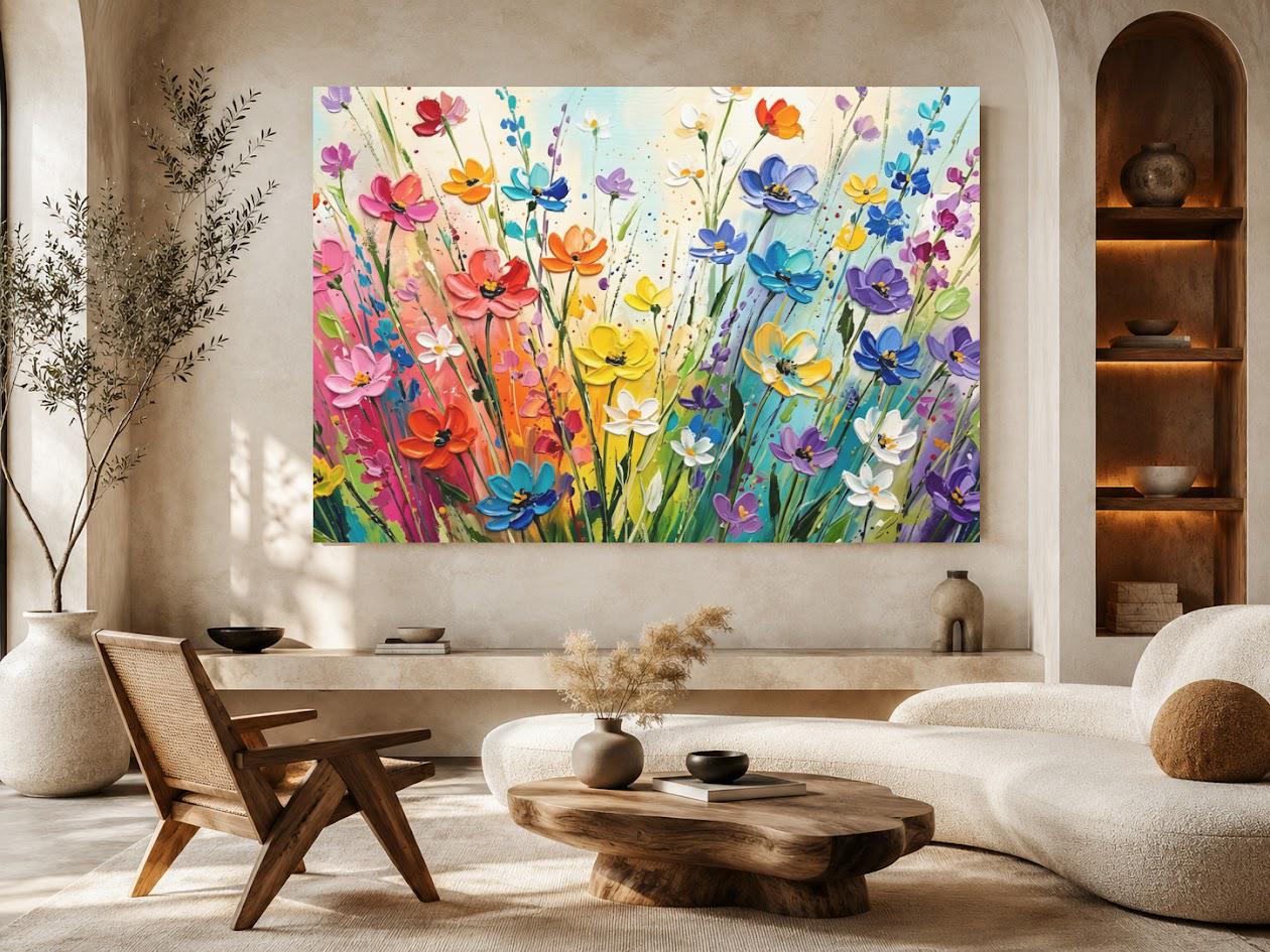 Colorful Wildflower Canvas Wall Art. Impasto Floral Landscape Print for Bright Living Room or Modern Nursery — Framed Print