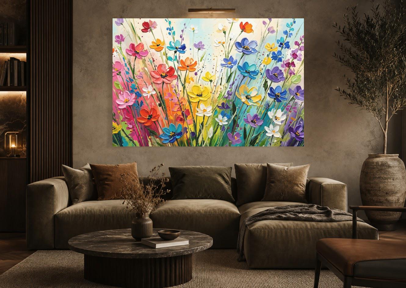 Colorful Wildflower Canvas Wall Art. Impasto Floral Landscape Print for Bright Living Room or Modern Nursery — Framed Print