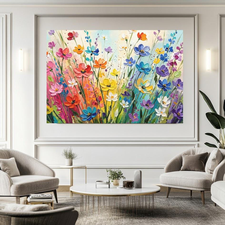 Colorful Wildflower Canvas Wall Art. Impasto Floral Landscape Print for Bright Living Room or Modern Nursery — Framed Print