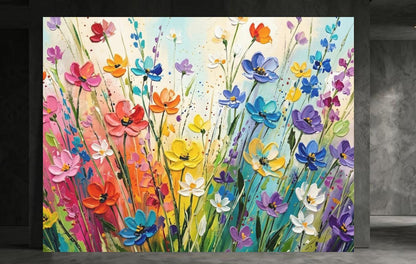 Colorful Wildflower Canvas Wall Art. Impasto Floral Landscape Print for Bright Living Room or Modern Nursery — Framed Print