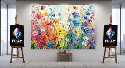 Colorful Wildflower Canvas Wall Art. Impasto Floral Landscape Print for Bright Living Room or Modern Nursery — Poster wall