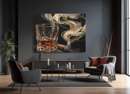 Bourbon and Cigar Canvas Wall Art, Dark Moody Abstract Whiskey Print for Luxury Home Bar or Cigar Lounge — Framed Print wall