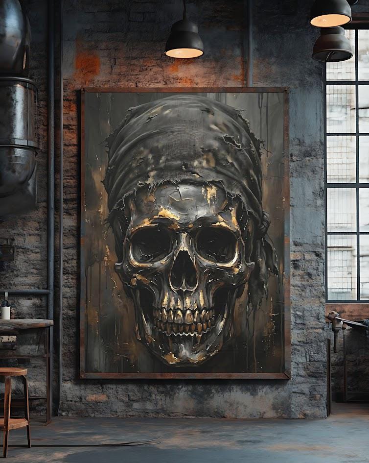 Bandit Skull Canvas Wall Art. Dark Moody Metallic Memento Mori Print for Luxury Man Cave or Bachelor Pad — Framed Print wall