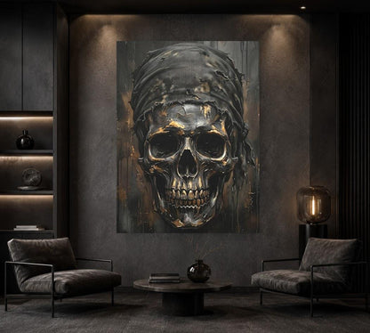 Bandit Skull Canvas Wall Art. Dark Moody Metallic Memento Mori Print for Luxury Man Cave or Bachelor Pad — Framed Print wall