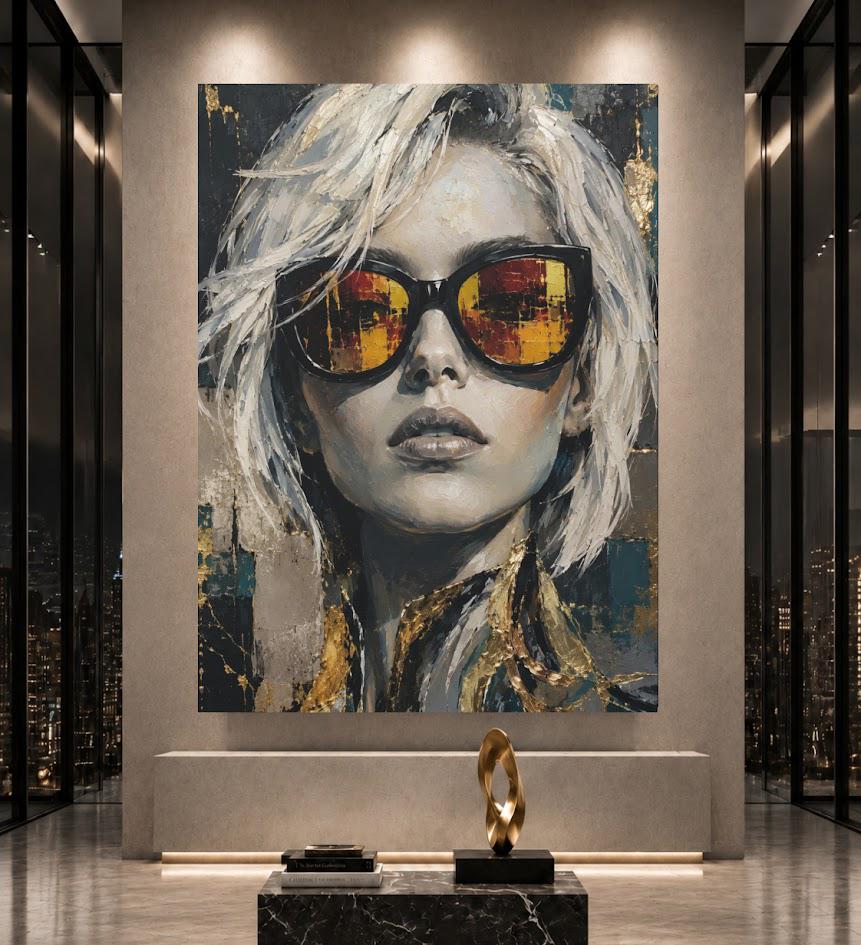 Gold Leaf Woman Portrait Canvas Wall Art, Modern Abstract Fashion Print for Luxury Bedroom or Glam Boutique — Framed Print