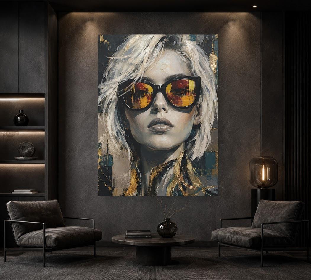 Gold Leaf Woman Portrait Canvas Wall Art, Modern Abstract Fashion Print for Luxury Bedroom or Glam Boutique — Framed Print