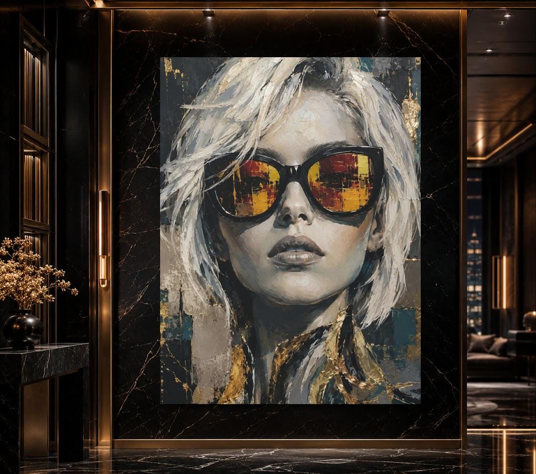 Gold Leaf Woman Portrait Canvas Wall Art, Modern Abstract Fashion Print for Luxury Bedroom or Glam Boutique — Framed Print