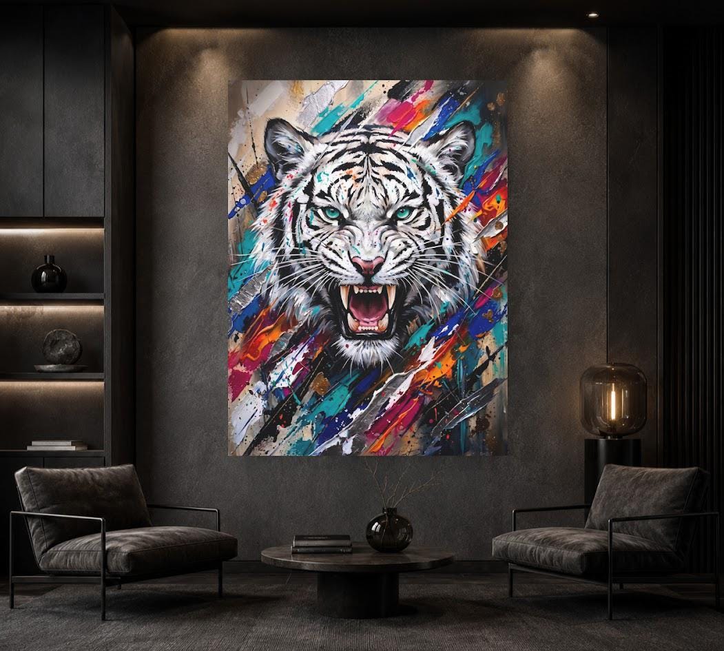 White Tiger Wall Art | Colorful Abstract Wildlife Canvas | Fierce Animal Decor — Framed Print wall art