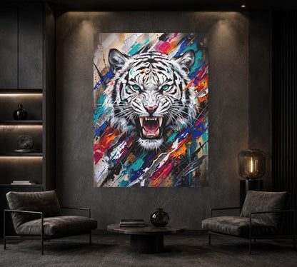White Tiger Wall Art | Colorful Abstract Wildlife Canvas | Fierce Animal Decor — Framed Print wall art