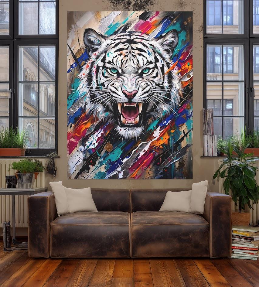 White Tiger Wall Art | Colorful Abstract Wildlife Canvas | Fierce Animal Decor — Framed Print wall art