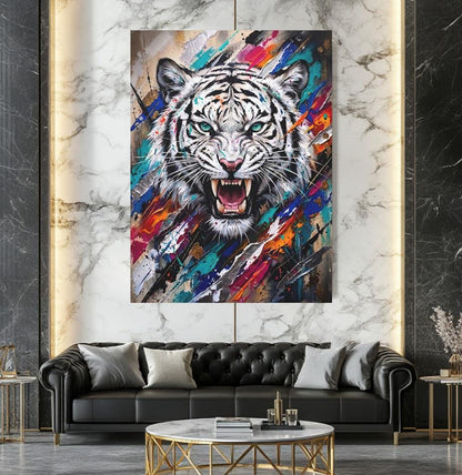 White Tiger Wall Art | Colorful Abstract Wildlife Canvas | Fierce Animal Decor — Framed Print wall art