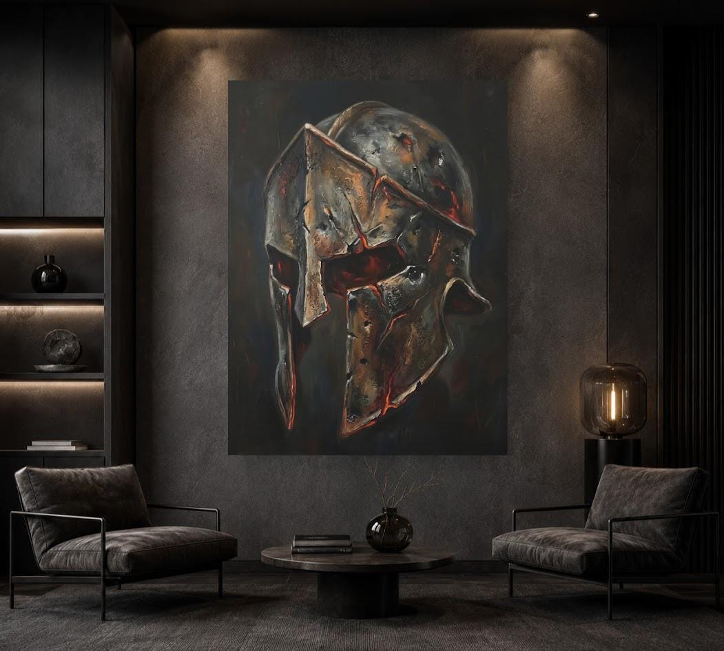 Spartan Helmet Wall Art | Warrior Canvas Print | Masculine Man Cave Decor — Framed Print wall art