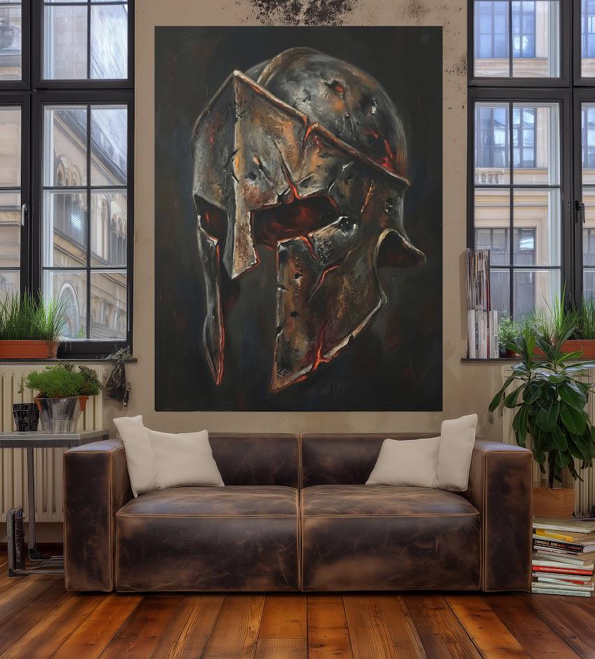 Spartan Helmet Wall Art | Warrior Canvas Print | Masculine Man Cave Decor — Framed Print wall art