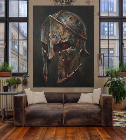 Spartan Helmet Wall Art | Warrior Canvas Print | Masculine Man Cave Decor — Framed Print wall art