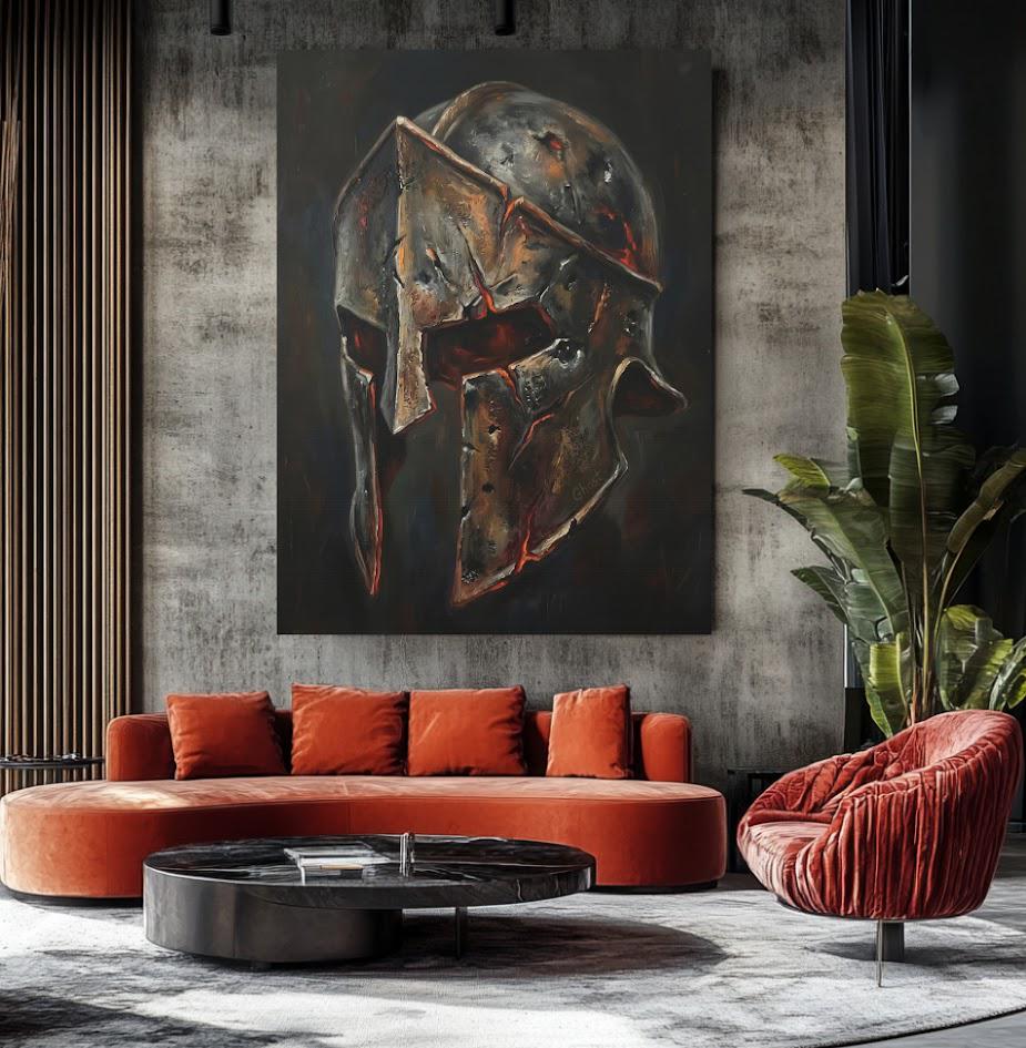 Spartan Helmet Wall Art | Warrior Canvas Print | Masculine Man Cave Decor — Framed Print wall art