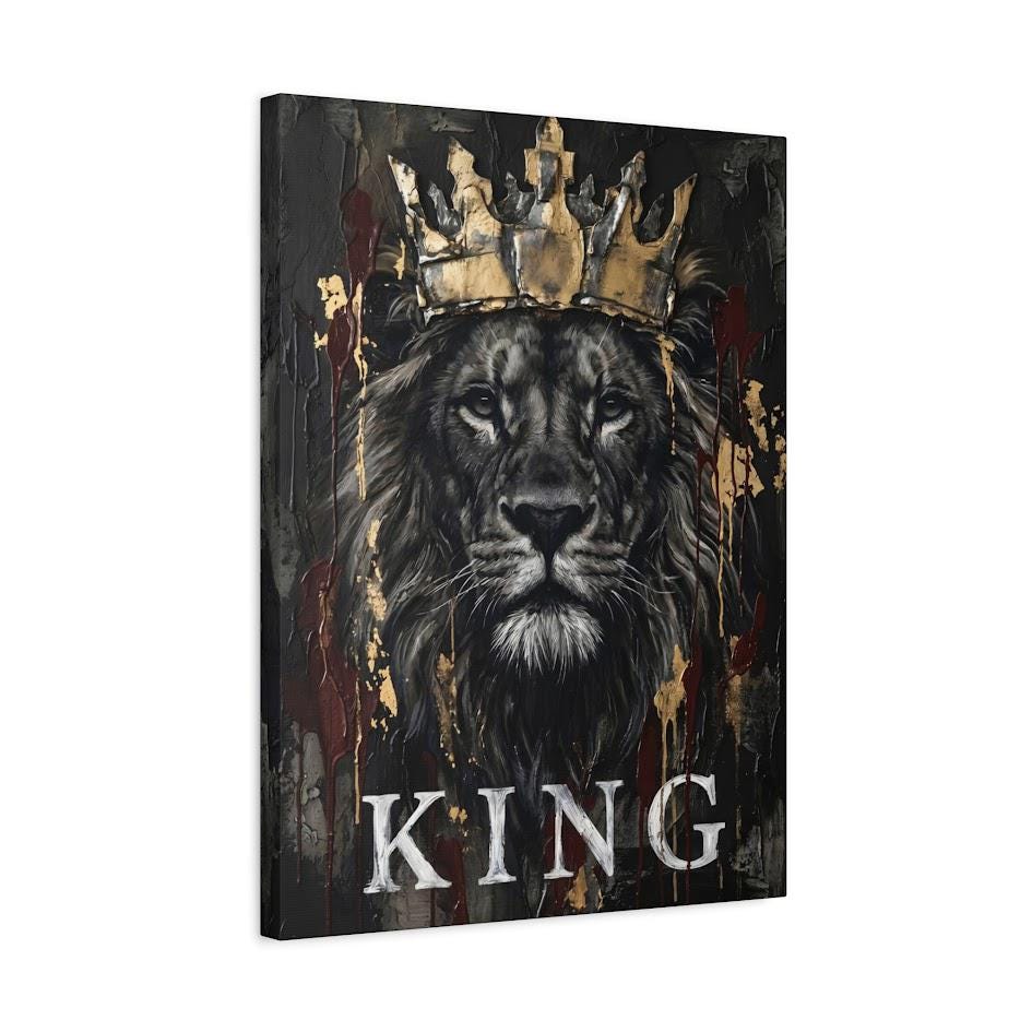 Crowned Lion Canvas Wall Art, Dark Moody King Predator Print for Executive Office or Luxury Man Cave — Canvas wall art