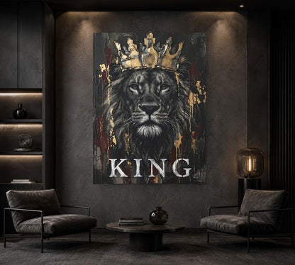 Crowned Lion Canvas Wall Art, Dark Moody King Predator Print for Executive Office or Luxury Man Cave — Framed Print wall art