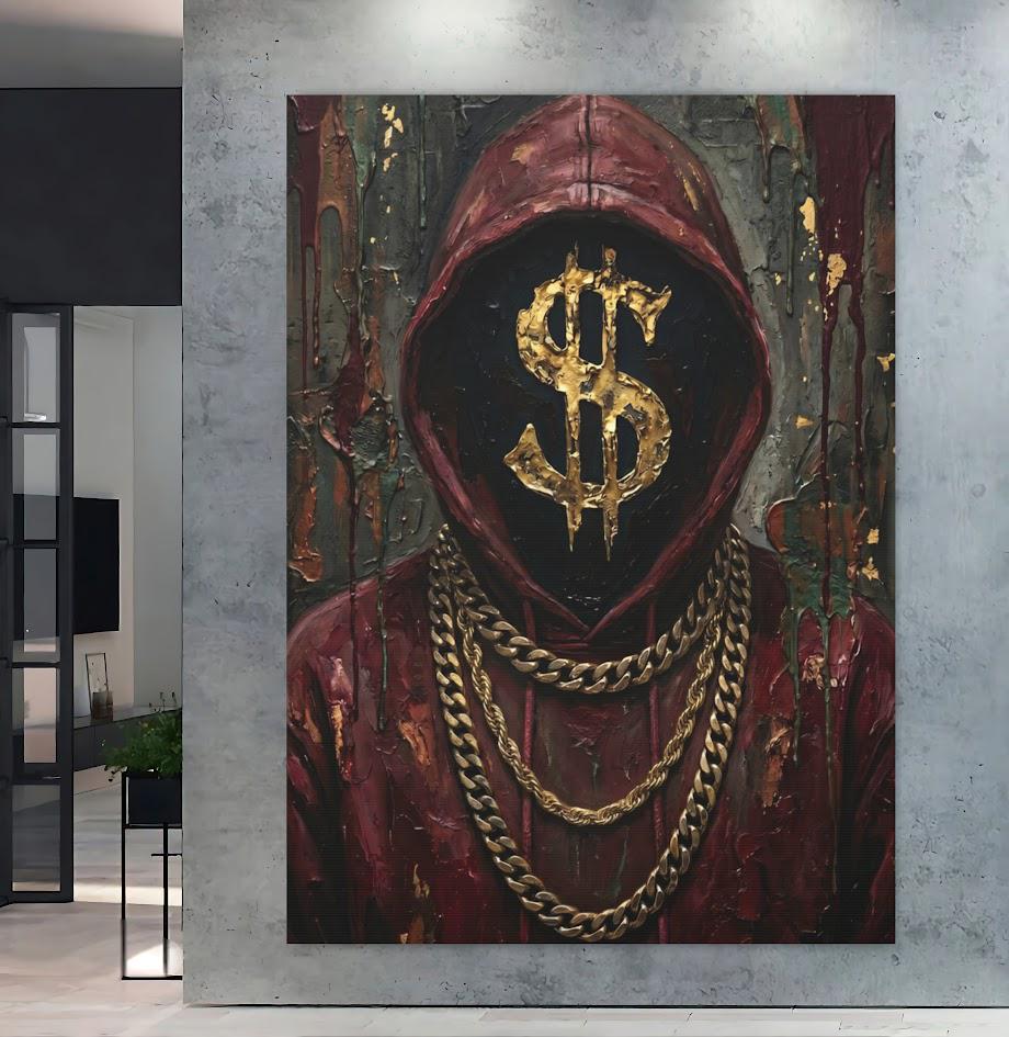 Hustle Culture Canvas Wall Art, Dark Moody Gold Dollar Sign Print for Entrepreneur Office or Luxury Man Cave — Framed Print