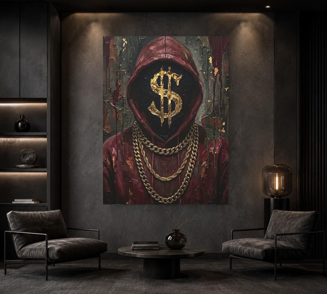 Hustle Culture Canvas Wall Art, Dark Moody Gold Dollar Sign Print for Entrepreneur Office or Luxury Man Cave — Framed Print