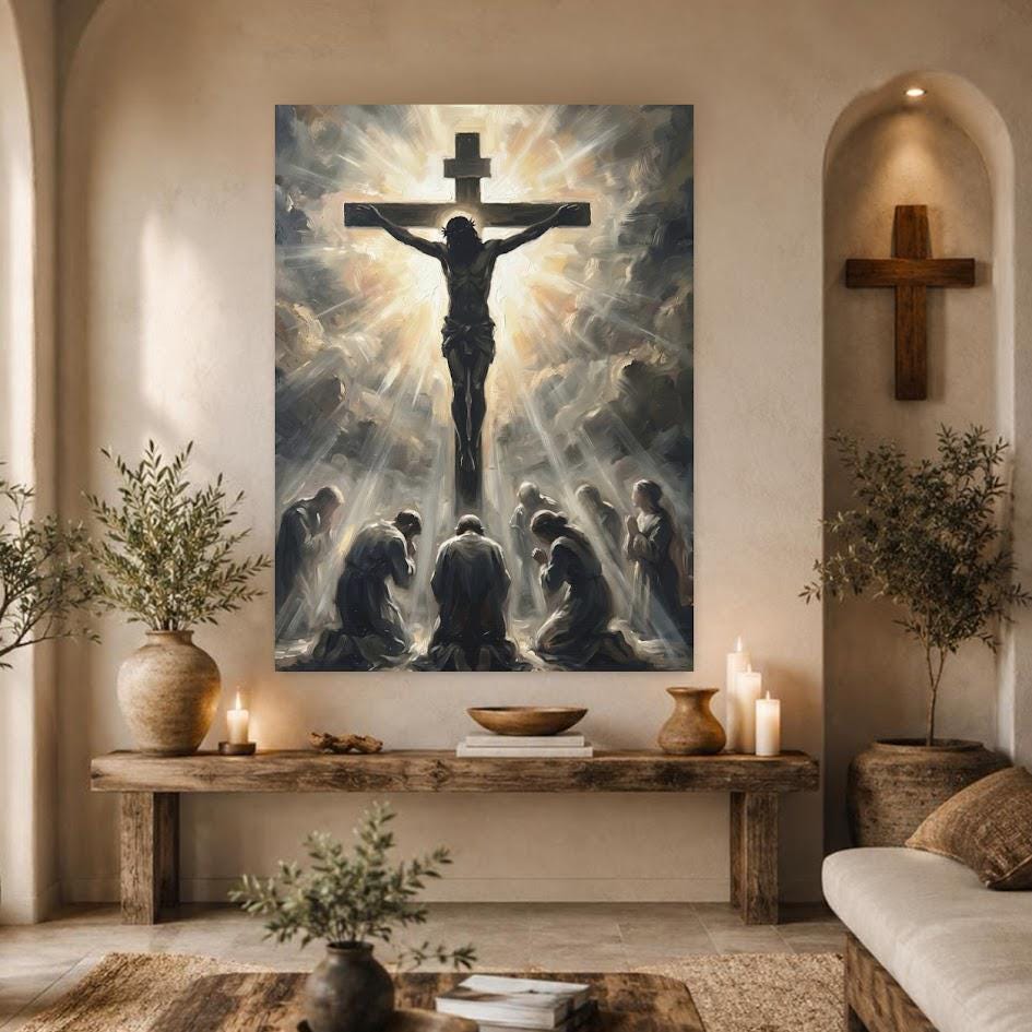 Jesus on the Cross Wall Art | Crucifixion Canvas Print | Christian Prayer Room Decor — Framed Print wall art