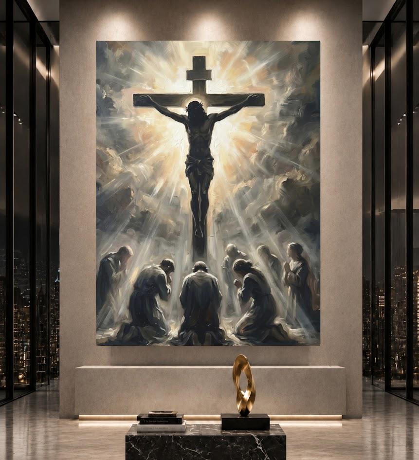 Jesus on the Cross Wall Art | Crucifixion Canvas Print | Christian Prayer Room Decor — Framed Print wall art