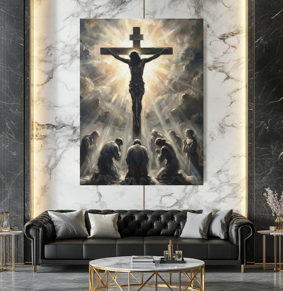 Jesus on the Cross Wall Art | Crucifixion Canvas Print | Christian Prayer Room Decor — Framed Print wall art