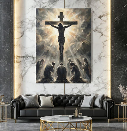 Jesus on the Cross Wall Art | Crucifixion Canvas Print | Christian Prayer Room Decor — Framed Print wall art