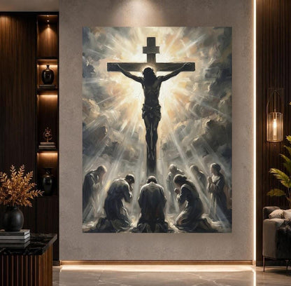 Jesus on the Cross Wall Art | Crucifixion Canvas Print | Christian Prayer Room Decor — Framed Print wall art