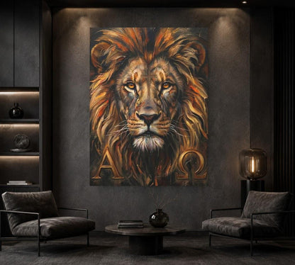 Alpha Omega Lion Wall Art | Lion of Judah Canvas Print | Christian Faith Decor — Framed Print wall art