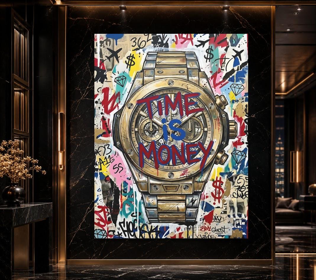 Graffiti Luxury Watch Canvas Art, Time is Money Pop Art Print for Entrepreneur Office — Framed Print wall art