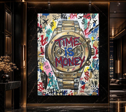 Graffiti Luxury Watch Canvas Art, Time is Money Pop Art Print for Entrepreneur Office — Framed Print wall art