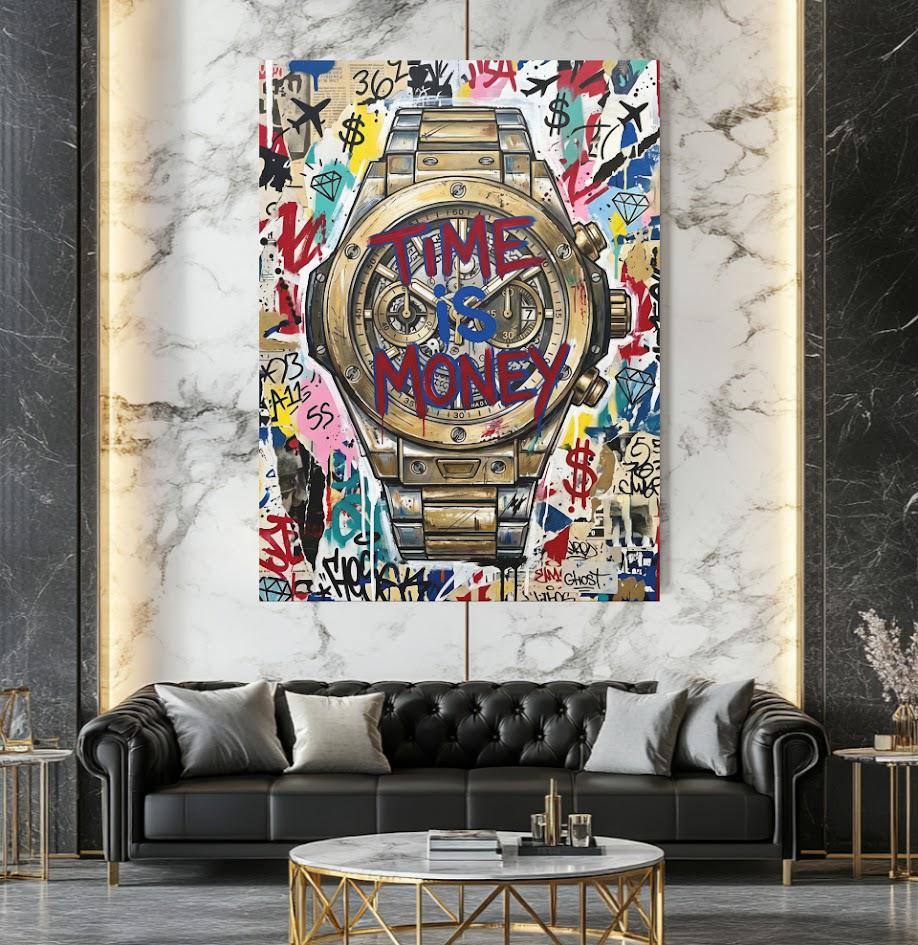 Graffiti Luxury Watch Canvas Art, Time is Money Pop Art Print for Entrepreneur Office — Framed Print wall art
