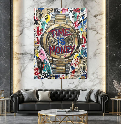Graffiti Luxury Watch Canvas Art, Time is Money Pop Art Print for Entrepreneur Office — Framed Print wall art