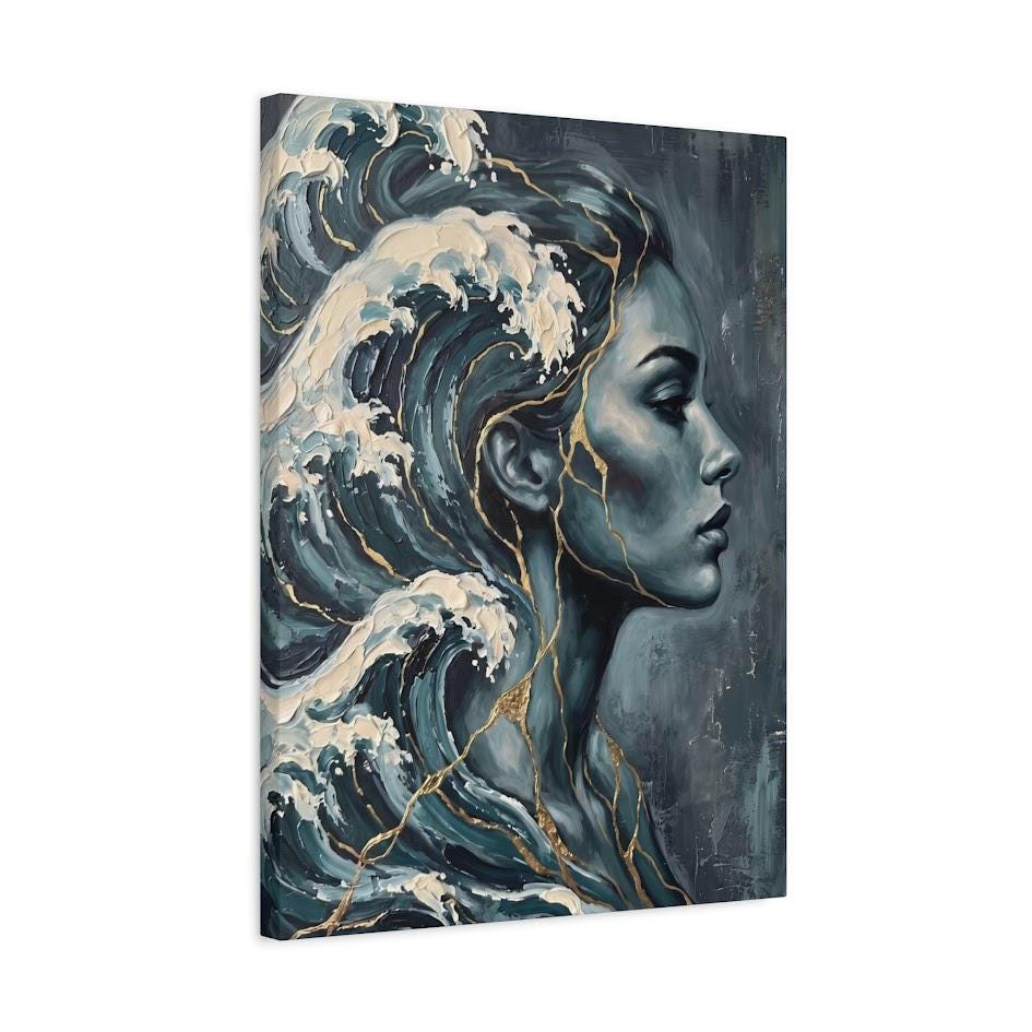 Ocean Woman Canvas Wall Art | Abstract Wave Painting | Blue Coastal Bathroom Decor — Canvas wall art