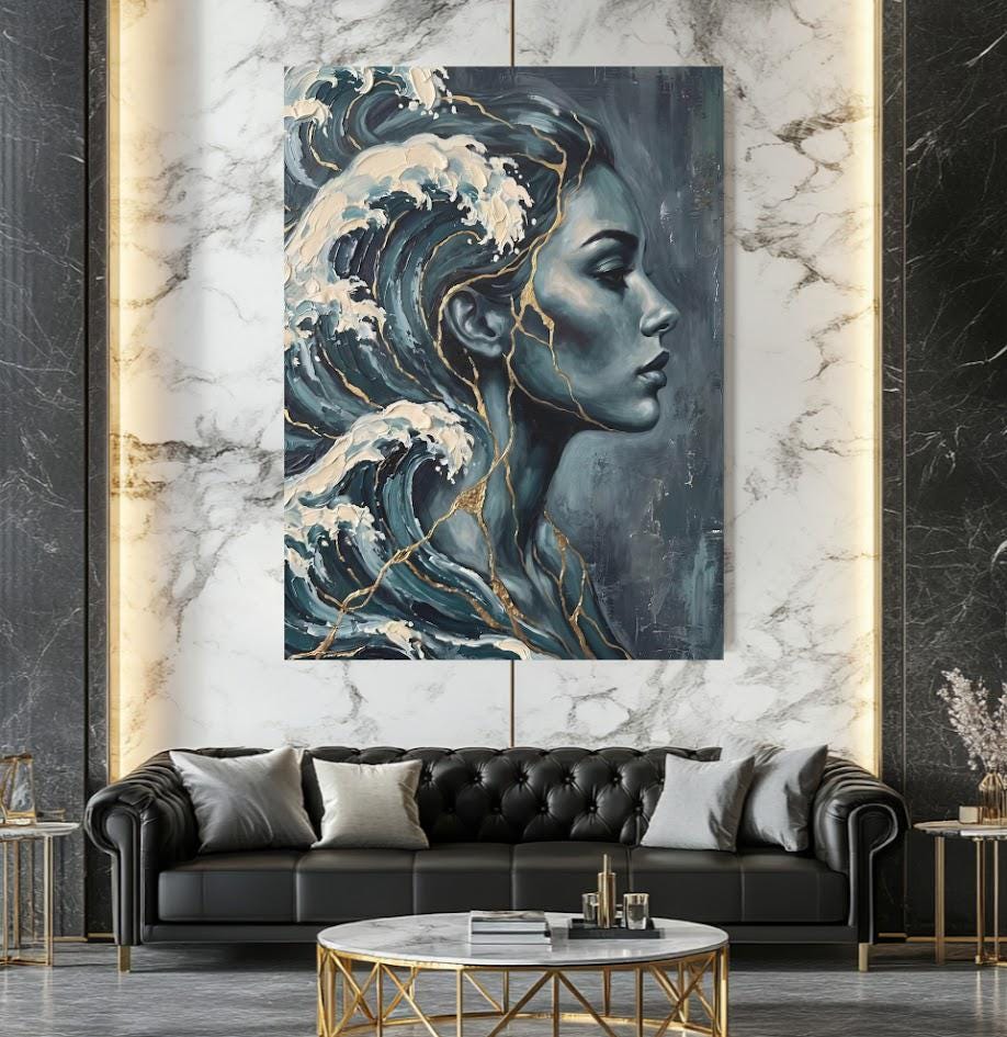 Ocean Woman Canvas Wall Art | Abstract Wave Painting | Blue Coastal Bathroom Decor — Framed Print wall art